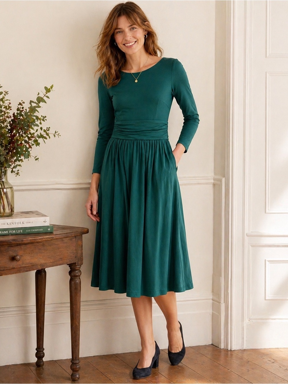 Boden Katherine Jersey Fit & Flare Midi Dress Green Size 8 Petite